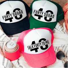 Celebrate turning forty in style with this Talk Forty To Me trucker hat! Whether you're part of the Forty Squad or on the hunt for a fun birthday accessory, this hat is the perfect way to show off your sense of humor and embrace your milestone age. Made with high-quality materials, this hat is comfortable to wear and sure to turn heads at any birthday celebration. Add it to your cart today and get ready to rock your forties with flair! ⦿ QUANTITY: Sold individually. ⦿ MATERIAL: 100% Polyester fr Talk 40 To Me Birthday Theme, 40th Beach Birthday Ideas, 40th Birthday Hats, Birthday Girl Hat, Turning Forty, Birthday Festivities, Hat Birthday, 40 Birthday, Fifty Birthday