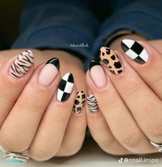 White Checkerboard Nails, Ladybug Nails, Leopard Nail Designs, Fall Nail Design, Cheetah Nail Designs, Zebra Print Nails, Tiger Nails, Checkered Nails, Fall Nail Ideas