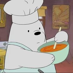 a cartoon character holding a bowl of soup