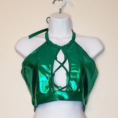 Women's Unbranded Shiny Metallic Keyhole Cutout Backless Rave Dance Halter Crop Top Medium. Soft Sexy Lightweight Top. Machine Washable. New In Package. Summer Crop Top For Costume Party, Green Fitted Halter Top For Party, Green Halter Neck Top For Night Out, Green Sleeveless Halter Top For Club, Green Stretch Top For Club, Green Halter Neck Crop Top For Night Out, Green Halter Neck Top For Party, Spring Party Green Halter Top, Green Spring Party Halter Top