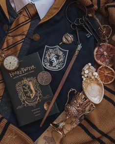 a harry potter book, wands, and other items are laid out on a blanket