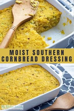 two images showing different types of cornbread in baking pans, with text overlay that reads most southern cornbread dressing