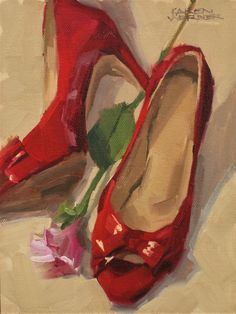 a painting of red shoes and a flower