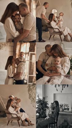 a collage of photos with people sitting in chairs and one woman holding a baby