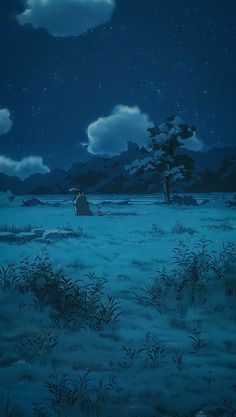 an anime scene with the sky and grass