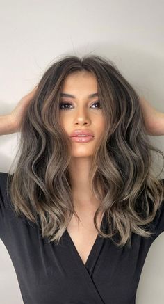 Ash Brown Hair Bayalage, Medium Length Mushroom Brown Hair, Ash Brown Hair Babylights, Mushroom Brown Hair Color Balayage Ombre, Balayage Short Hair Ash Brown, Ash Toned Brown Hair, Fall Hair Colors Mushroom Brown, Mushroom Hair Highlights, Ombre Mushroom Brown Hair