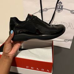 These Are Authentic Prada American Cup Sneakers Brought Them And Saw That They Were Unfortunately Way Too Big For My Liking. They Are Brand New And Have Never Been Worn. Although They Do Have Customized Letters On The Back Which Are Barely Visible Being That They Are Black. Price Is Negotiable Due To Customized Lettering! Ac Size 4 Which Is Equivalent To A Us Women 7 1/4 And A Men’s 5 3/4 Luxury Black Sneakers With Removable Insole, Prada Men, Street Style Outfits Men, Prada Shoes, Swag Shoes, Work Shoes, Street Style Outfit, Prada, Men's Shoes