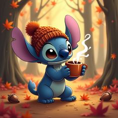 a cartoon character is holding a cup of coffee in the woods with autumn leaves on the ground