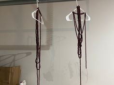 two pieces of jewelry hanging from hooks on a wall