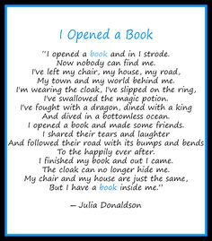 a poem written in blue and white with the words i opened a book on it