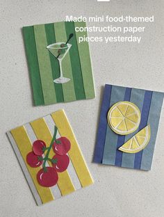 three handmade cards with lemons and cherries on them, one is made out of construction paper