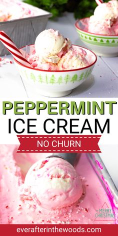 no churn peppermint ice cream is in a bowl and on the table