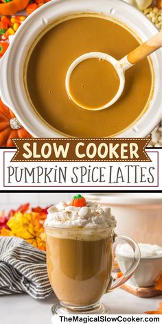 pumpkin spice latte with whipped cream in a white mug and the words slow cooker pumpkin spice latte