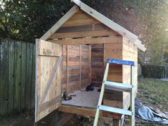 there is a small wooden shed with a ladder in it