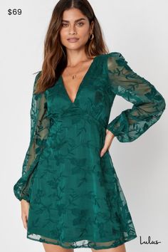 Float through the day looking heavenly in the Lulus Angelic Bliss Emerald Green Embroidered Puff Sleeve Mini Dress! Lightweight, gauzy chiffon, with darling floral embroidery throughout, shapes this sweet dress that has a V-neckline, fitted bodice, and sheer puffy sleeves with elasticized cuffs. Empire waist carries into a classic A-line skirt that falls to a flirty mini hem. Hidden back zipper/clasp. Fit: This garment fits true to size. Length: Mid-thigh. Size medium measures 34.5" from shoulder to hem. Bust: Great for any cup size. Waist: Fitted - very fitted at natural waist. Hip: Not Fitted - room for hips. Undergarments: May be worn with any standard bra. Fabric: Fabric has no stretch. Bodice and skirt are lined. Shell: 100% Polyester. Lining: 100% Polyester. Hand Wash Cold. Do Not Bl Green Wedding Guest Dresses, Fashion Terminology, Mini Dress Floral, Emerald Dresses, Flair Dress, Puff Sleeve Mini Dress, Lulu Fashion, Floral Embroidered Dress, Green Mini Dress