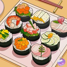 there are many different types of sushi on the tray