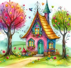 a painting of a house with trees and flowers