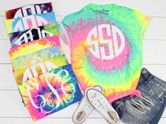 *MAIN PHOTO: The main shirt has our Circle font. These tie dye tees are so much fun! They are perfect for beach trips, going to the lake or just to wear every day! Main shirt is MINTY RAINBOW. 100% Cotton Made in the USA Care Instructions: Always wash tie dye items separately, inside out and dry with low heat. MONOGRAM INSTRUCTIONS - Monogram initials should be given in first, last, middle order. Example: Harper Paisley Whitman would be HWP We will not rearrange the order of your monogram. We wi Summer Tie Dye T-shirt With Custom Print, Multicolor School Spirit T-shirt For Summer, Multicolor Summer T-shirt For School Spirit, Summer Tops With Custom Print For School Spirit, Monogram Pocket Tees, Circle Font, Monogram T Shirts, Monogram Shirts, Circle Monogram