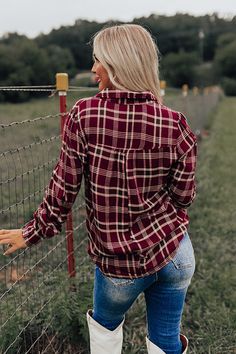 The perfect fall road trip piece, this wine hued cutie features lightweight plaid material, a button up front with a collared neckline, long loose sleeves with button closure cuffs, and a relaxed silhouette taht falls into a rounded hemline! Measurements S : Bust 36", Hip 36", Length 26", Sleeve Length 25", Waist 36". M : Bust 38", Hip 38", Length 26.5", Sleeve Length 25.5", Waist 38". L : Bust 40", Hip 40", Length 27", Sleeve Length 26", Waist 40". Fall Road Trip, Plaid Material, Loose Sleeves, Women Clothing Boutique, Online Womens Clothing, Distressed Jeans, Boutique Clothing, Women's Plaid Shirt, Straight Leg Jeans