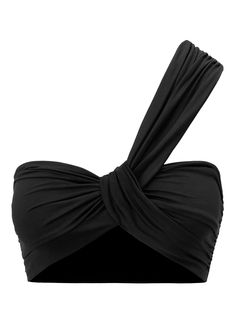 The Athena Bikini Top is crafted of sculpting stretch fabric in timeless black. It features a twisted one-shoulder strap and a wide back panel for a secure fit. This style runs true to size. Shop Swimwear Styling Tip: Pair with the coordinated Isla Bikini Bottom for a complete look, finishing with a coverup on vacation. Black Bandeau Swimwear For Evening, Black Strapless Swimwear For Evening, Elegant Black One-shoulder Swimwear, Hi Fashion, Swimming Bathing Suits, Swimsuit Design, Shop Swimwear, On Vacation, Cute Casual Outfits