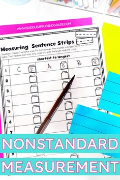 the printable worksheet for measuring sentence strips is shown with pencils and markers