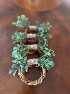 three small wreaths with green leaves on them