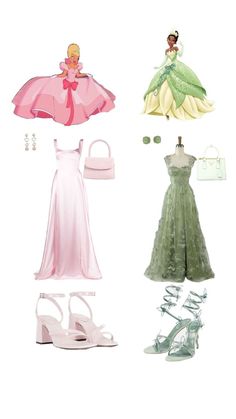 the princess and the frog costume is shown in three different colors, including pink, green, and white