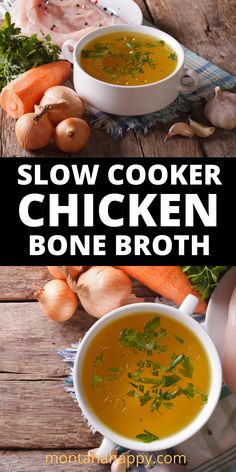 White soup bowl with handles with chicken bone broth with chopped parsley on top.  Peeled carrots, fresh parsley, raw chicken breast. Bone Broth Chicken, Fod Map, Paleo Soups, Broth Chicken, Bone Broth Soup, Chicken Stock Recipe, Meat Meals