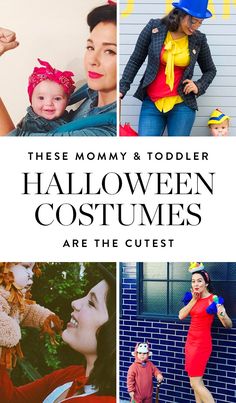 there is a collage of halloween costumes for adults and children with text overlay that says these mommy & todder halloween costumes are the cutest