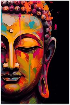 a painting of a buddha head with many colors on it