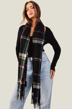 Touched with a tiny splash of colour, this black check scarf infuses warmth and texture to your everyday cosy layers. Designed in an oversized fit and finished with a tassel trim. Check Blanket, Scarf Blanket, Blanket Scarves, Check Scarf, Checked Scarf, Oasis Fashion, Blanket Scarf, Fashion Face, Office Wear