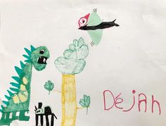 a child's drawing of a dinosaur and a bird on top of a cactus