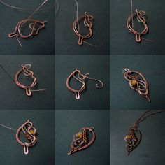 several pictures of different types of jewelry on a black surface, including wire and beads