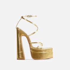 Whole-Life Strappy Pointed Toe Extreme Platform Block Heel In Gold Faux Leather Uk 7 / Us 9 / Eu 40 Blue Shoes Heels, Lace Up Espadrille Wedges, High Block Heels, Gold Espadrilles, Ego Shoes, Lucite Heels, Lace Up Espadrilles, Heels High, Platform Block Heels