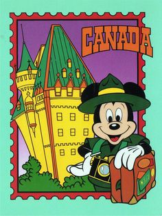 mickey mouse in front of a castle with the word canada on it's back