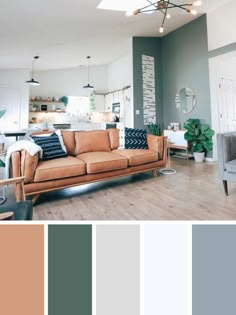 a living room filled with furniture and lots of color swatches in shades of grey, brown