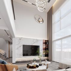 a modern living room with marble walls and flooring