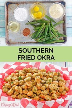 some food that is sitting on top of a pan and in front of the words southern fried