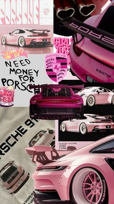 the pink car is parked in front of some posters and papers that say need money for porsche