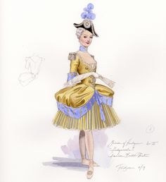 a drawing of a woman in a yellow and blue dress with a hat on her head