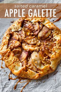 an apple pie with caramel drizzled on it's crust and toppings