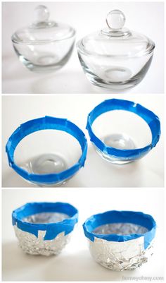 three different pictures of glass bowls with blue tape around the edges and one has a silver lid