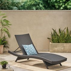 a chaise lounge chair sitting on top of a rug next to a potted plant