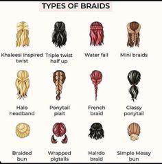 Types Of Hairstyles Names, Hair Chart, Two Braid Hairstyles, Hairstyles Design, Hairstyle Names, Cute Simple Hairstyles, Types Of Braids, Simple Hairstyles