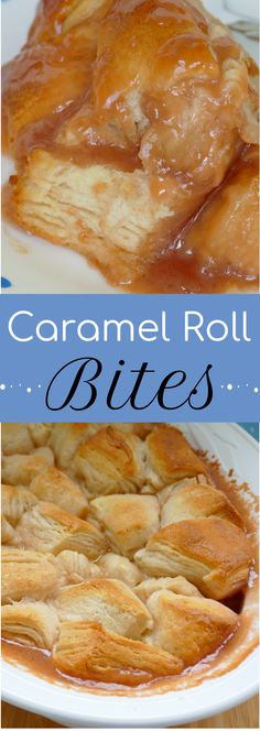 caramel roll bites on a white plate with text overlay that reads caramel roll bites