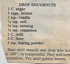 an old recipe paper with instructions on how to make doughnuts