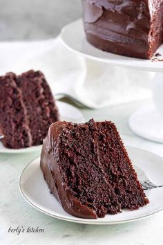 a slice of chocolate cake on a white plate