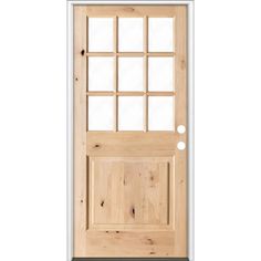 a wooden door with glass panels on the top and bottom panel, against a white background