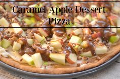 caramel apple dessert pizza with chocolate toppings