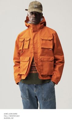 Rain Outfit Men, Aime Leon Dore Lookbook, Leon Dore, Denim Workwear, Orange Jacket, Estilo Hip Hop, Looks Street Style, Hooded Parka